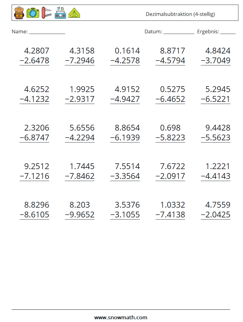 (25) Dezimalsubtraktion (4-stellig) Mathe-Arbeitsblätter 14