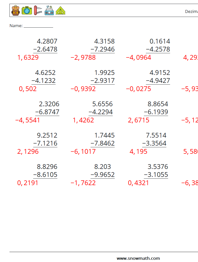 (25) Dezimalsubtraktion (4-stellig) Mathe-Arbeitsblätter 14 Frage, Antwort