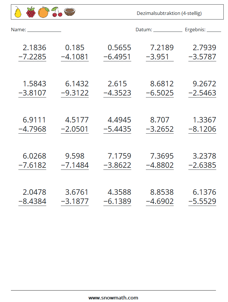 (25) Dezimalsubtraktion (4-stellig) Mathe-Arbeitsblätter 15