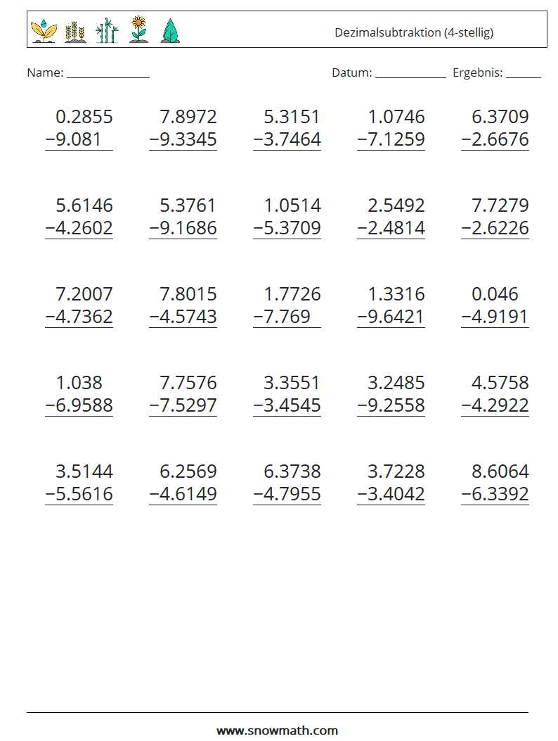 (25) Dezimalsubtraktion (4-stellig) Mathe-Arbeitsblätter 16