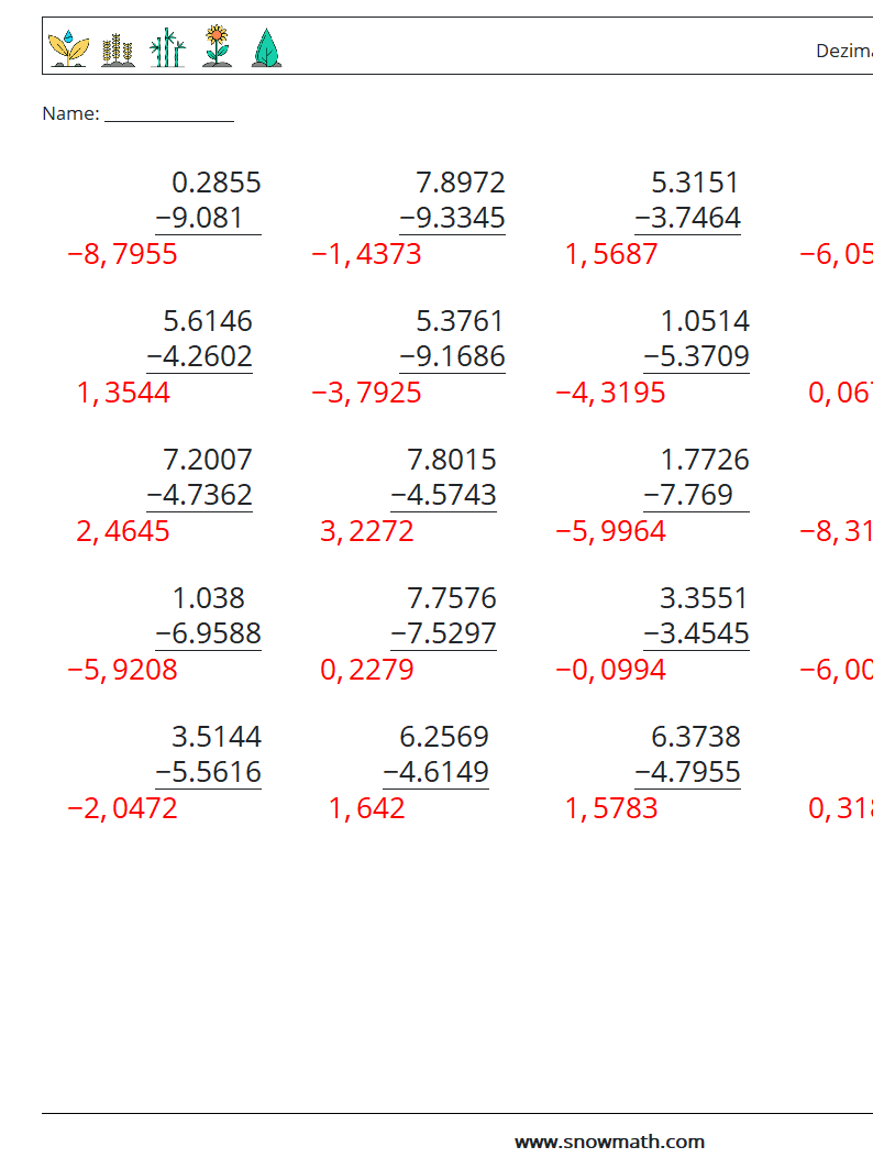 (25) Dezimalsubtraktion (4-stellig) Mathe-Arbeitsblätter 16 Frage, Antwort