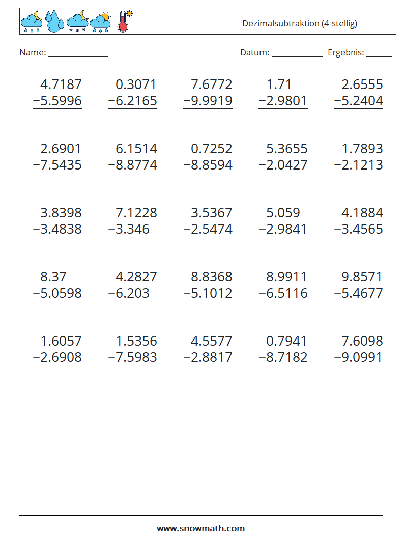 (25) Dezimalsubtraktion (4-stellig) Mathe-Arbeitsblätter 17