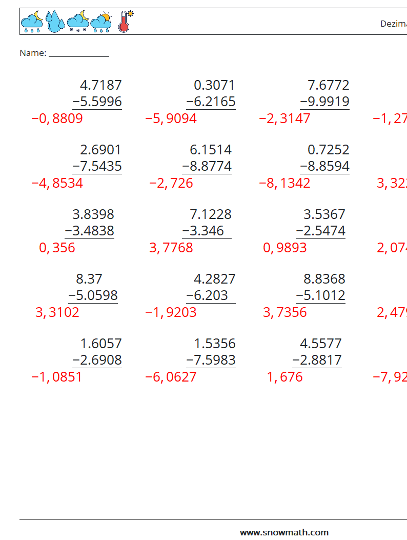 (25) Dezimalsubtraktion (4-stellig) Mathe-Arbeitsblätter 17 Frage, Antwort