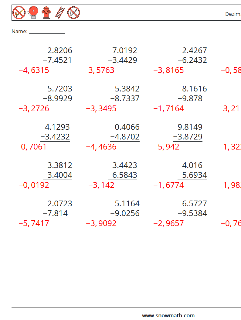 (25) Dezimalsubtraktion (4-stellig) Mathe-Arbeitsblätter 18 Frage, Antwort