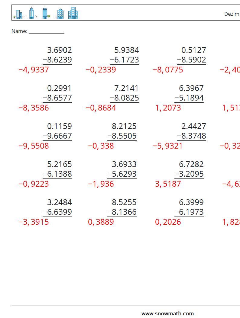 (25) Dezimalsubtraktion (4-stellig) Mathe-Arbeitsblätter 1 Frage, Antwort