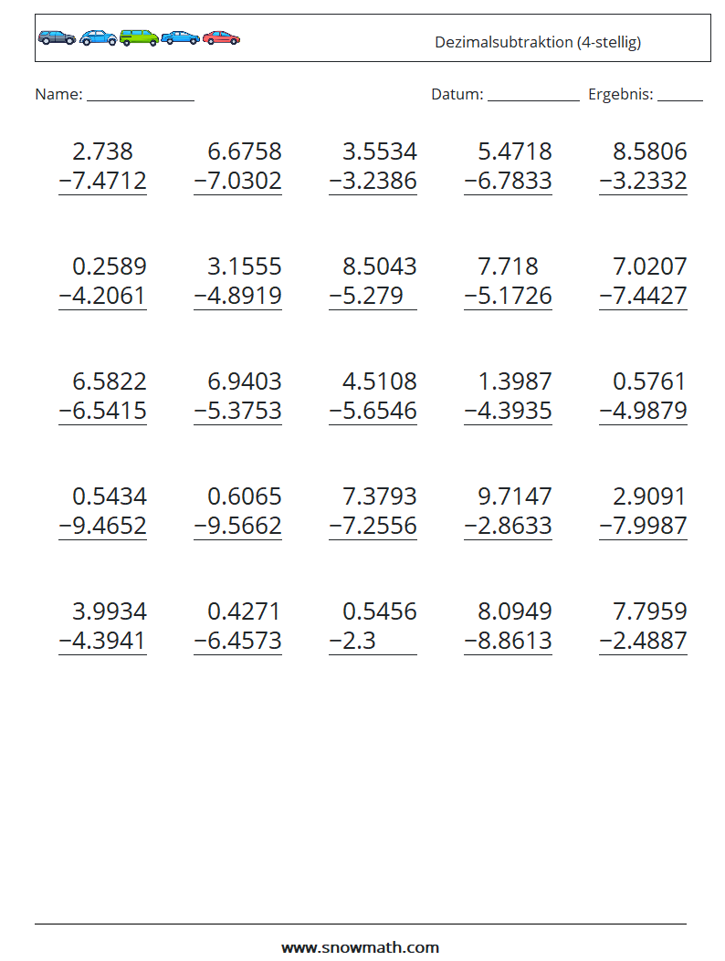 (25) Dezimalsubtraktion (4-stellig) Mathe-Arbeitsblätter 2