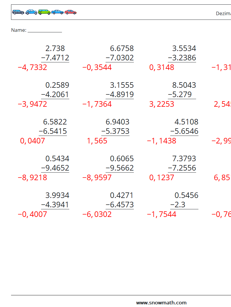 (25) Dezimalsubtraktion (4-stellig) Mathe-Arbeitsblätter 2 Frage, Antwort