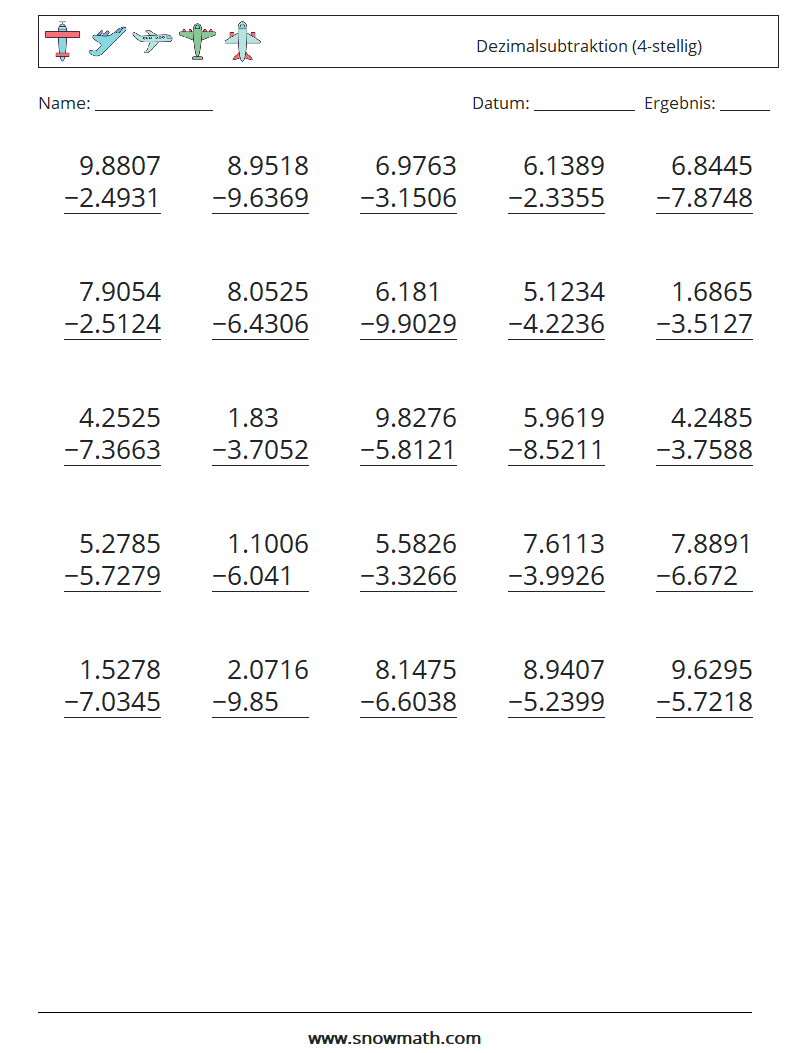 (25) Dezimalsubtraktion (4-stellig) Mathe-Arbeitsblätter 3