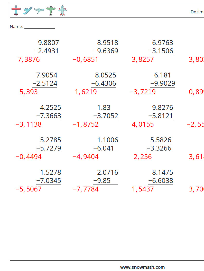 (25) Dezimalsubtraktion (4-stellig) Mathe-Arbeitsblätter 3 Frage, Antwort