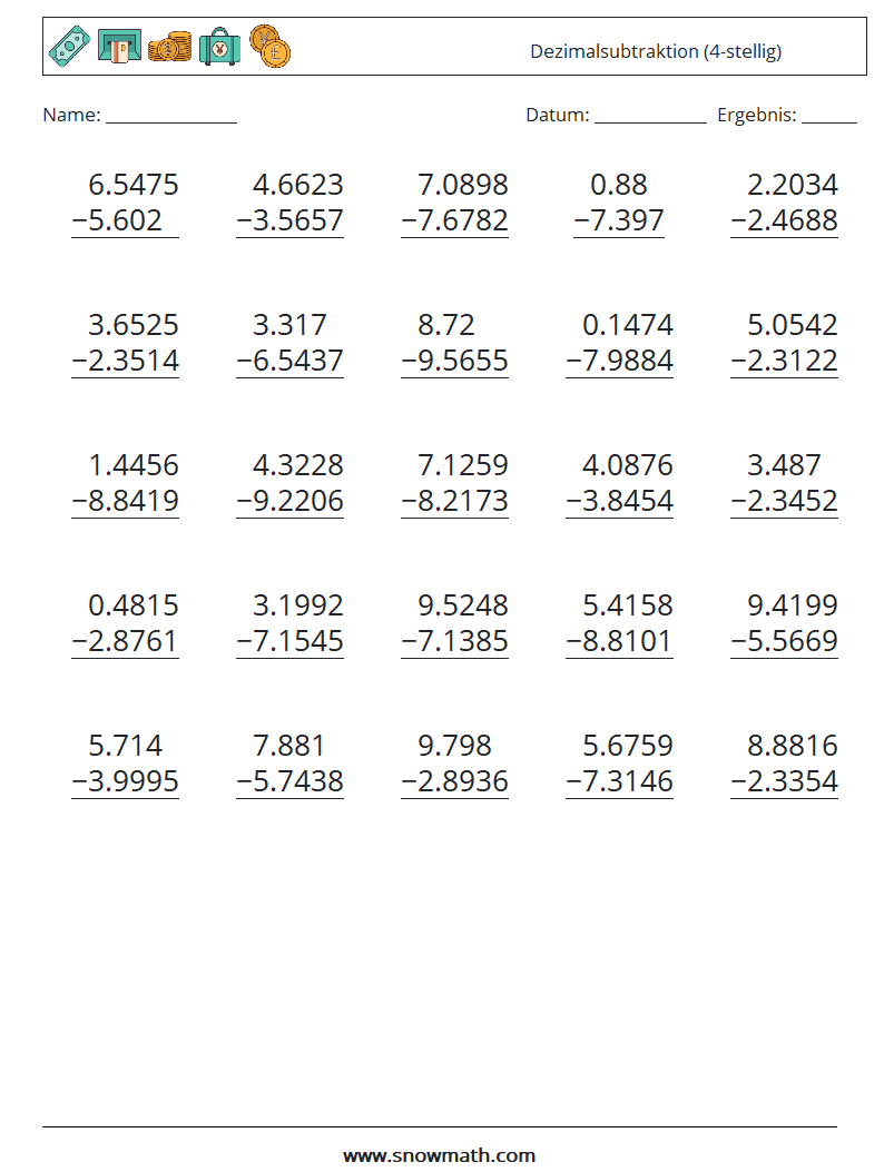 (25) Dezimalsubtraktion (4-stellig) Mathe-Arbeitsblätter 4