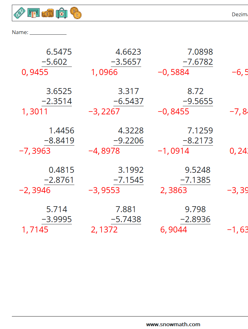 (25) Dezimalsubtraktion (4-stellig) Mathe-Arbeitsblätter 4 Frage, Antwort