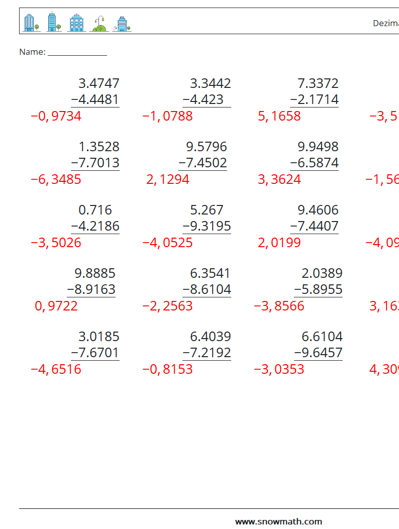 (25) Dezimalsubtraktion (4-stellig) Mathe-Arbeitsblätter 5 Frage, Antwort