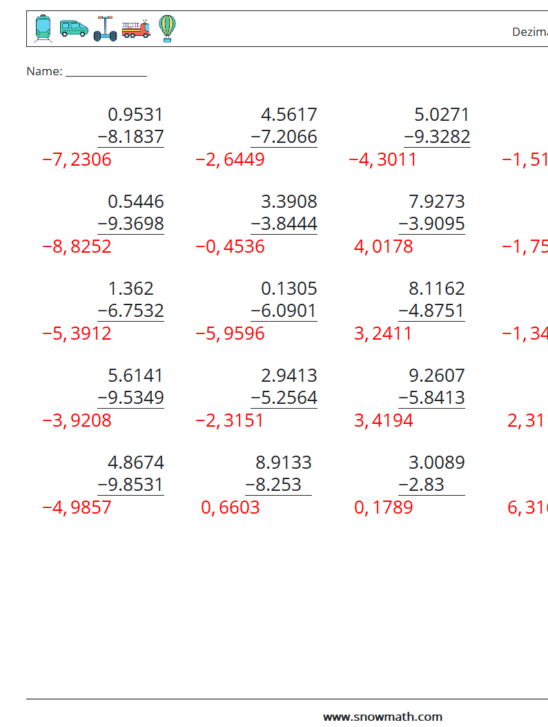 (25) Dezimalsubtraktion (4-stellig) Mathe-Arbeitsblätter 6 Frage, Antwort