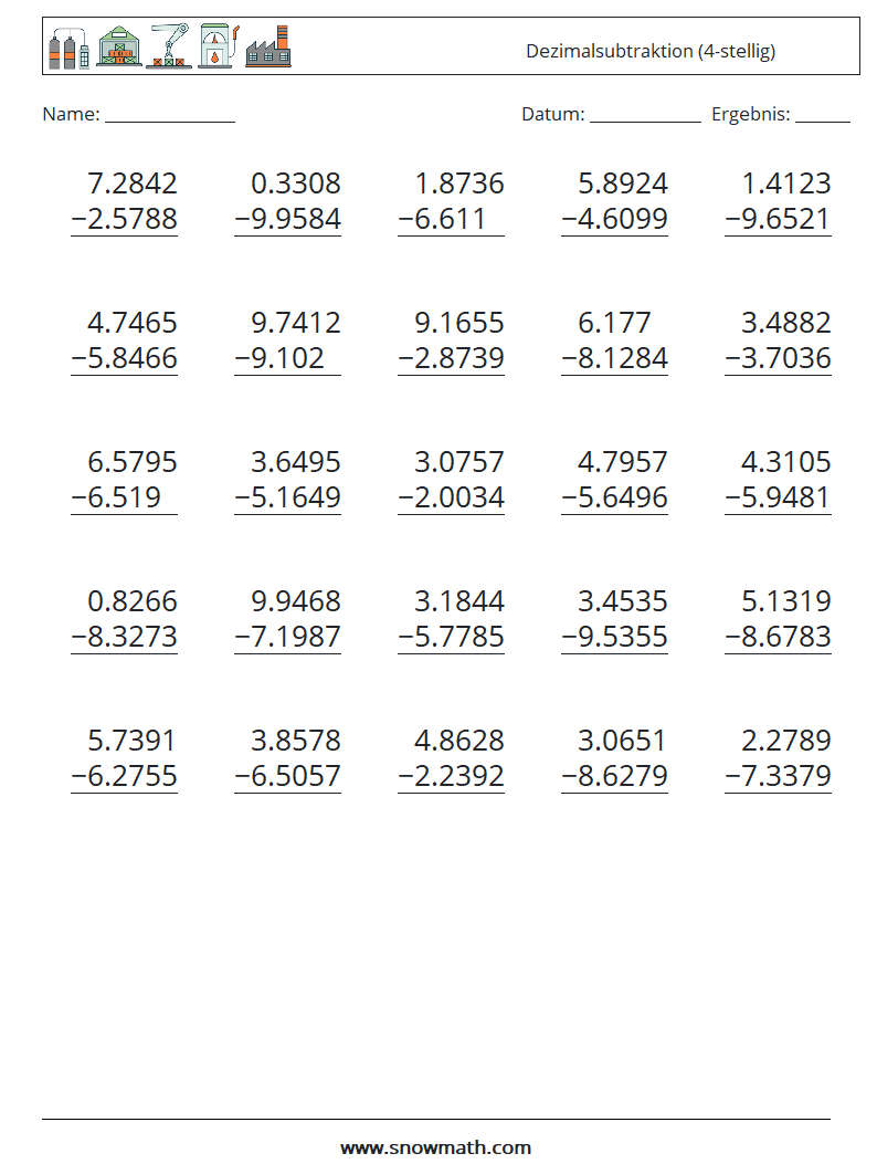 (25) Dezimalsubtraktion (4-stellig) Mathe-Arbeitsblätter 7