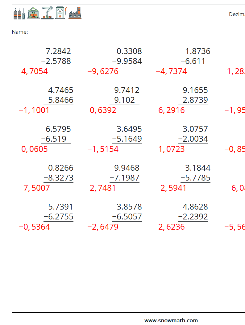 (25) Dezimalsubtraktion (4-stellig) Mathe-Arbeitsblätter 7 Frage, Antwort