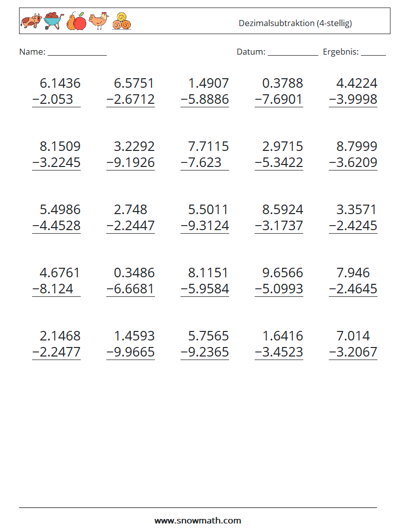 (25) Dezimalsubtraktion (4-stellig) Mathe-Arbeitsblätter 8