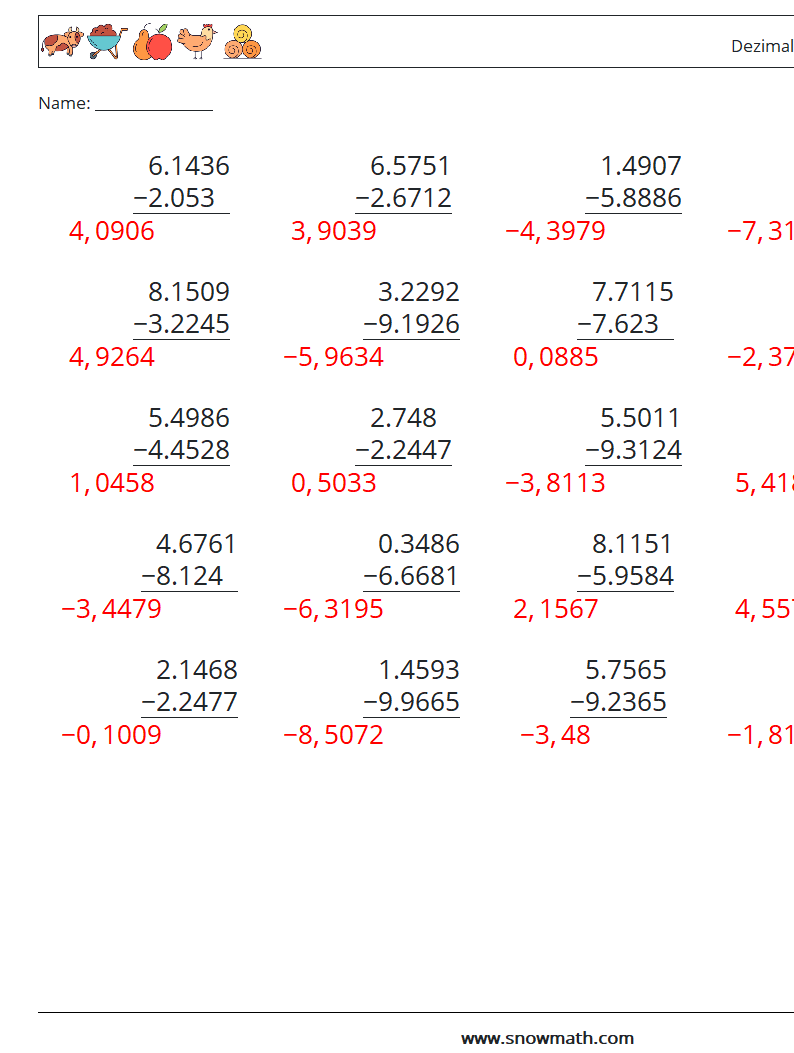 (25) Dezimalsubtraktion (4-stellig) Mathe-Arbeitsblätter 8 Frage, Antwort