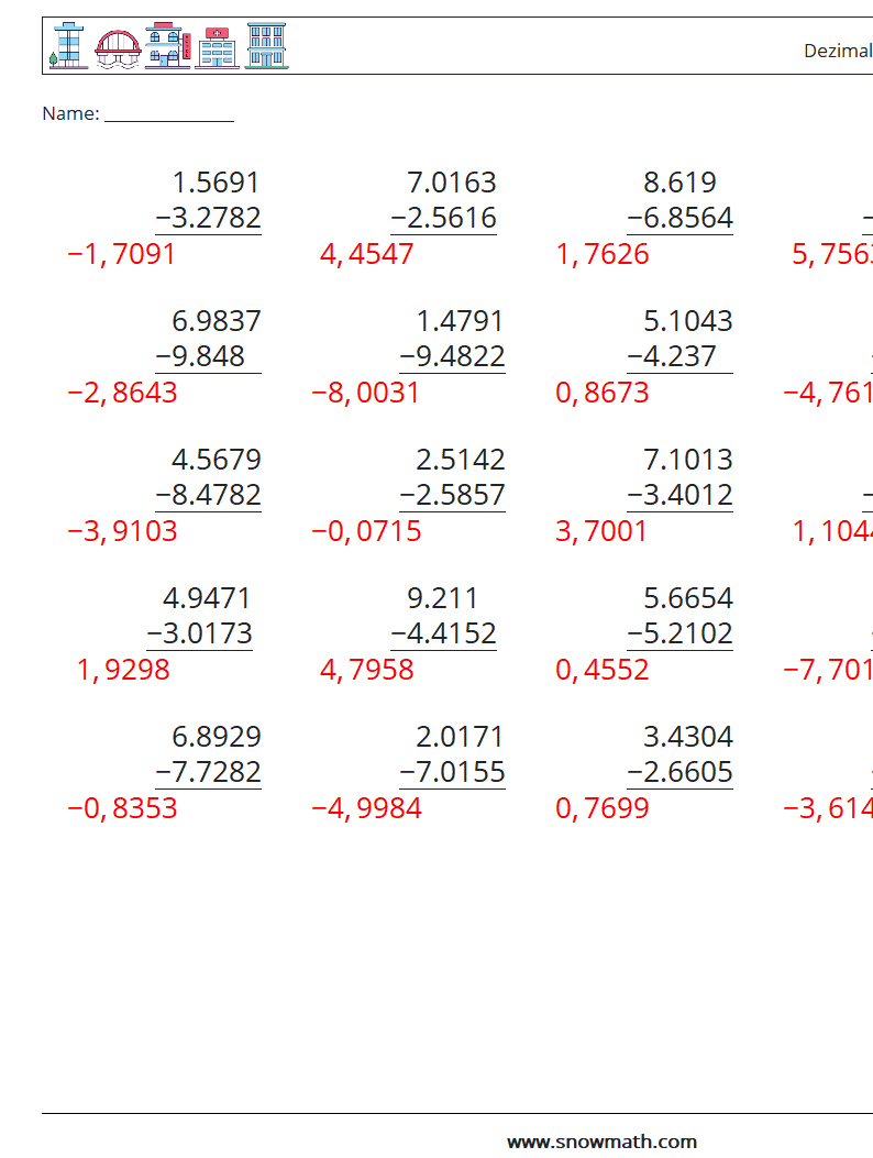 (25) Dezimalsubtraktion (4-stellig) Mathe-Arbeitsblätter 9 Frage, Antwort