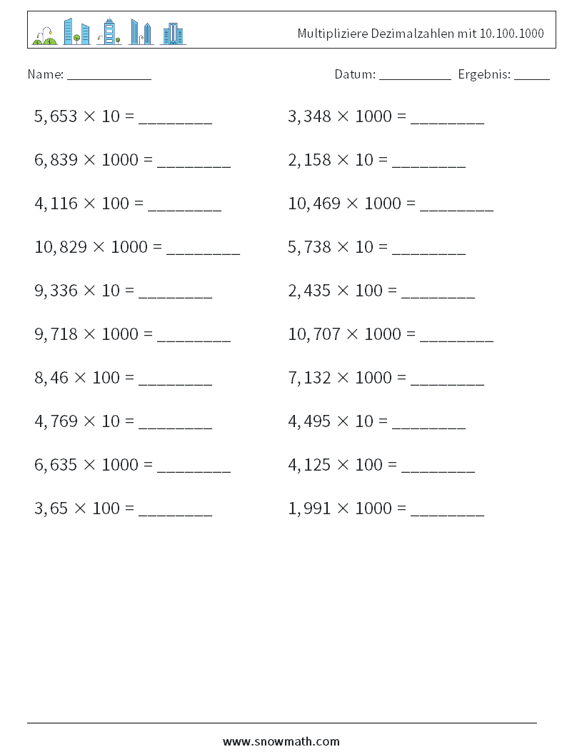 Multipliziere Dezimalzahlen mit 10.100.1000 Mathe-Arbeitsblätter 1