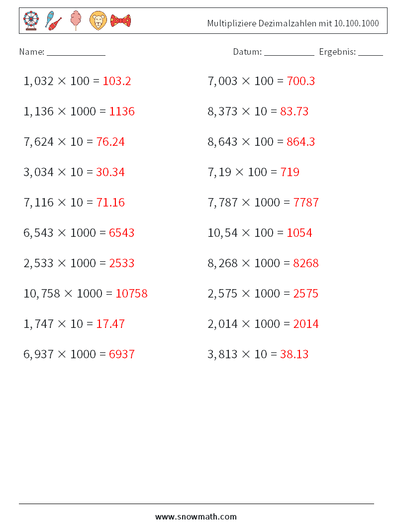 Multipliziere Dezimalzahlen mit 10.100.1000 Mathe-Arbeitsblätter 13 Frage, Antwort