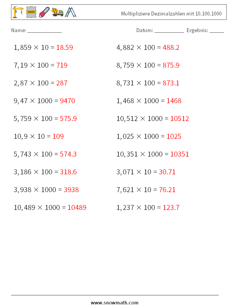 Multipliziere Dezimalzahlen mit 10.100.1000 Mathe-Arbeitsblätter 14 Frage, Antwort