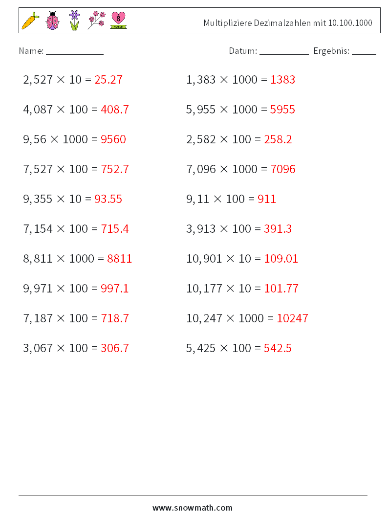 Multipliziere Dezimalzahlen mit 10.100.1000 Mathe-Arbeitsblätter 15 Frage, Antwort