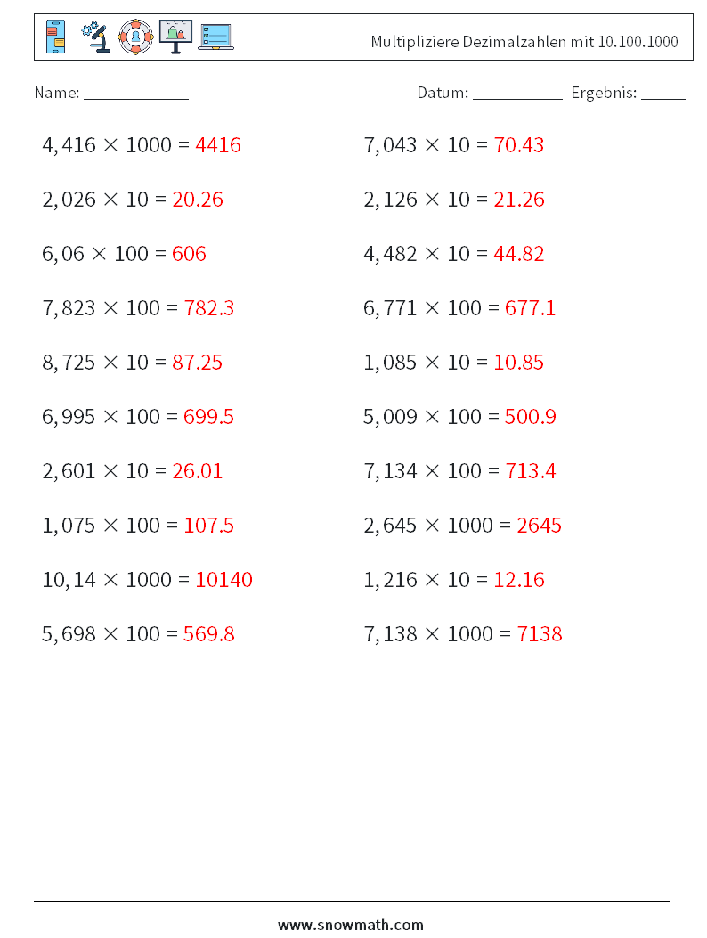 Multipliziere Dezimalzahlen mit 10.100.1000 Mathe-Arbeitsblätter 16 Frage, Antwort