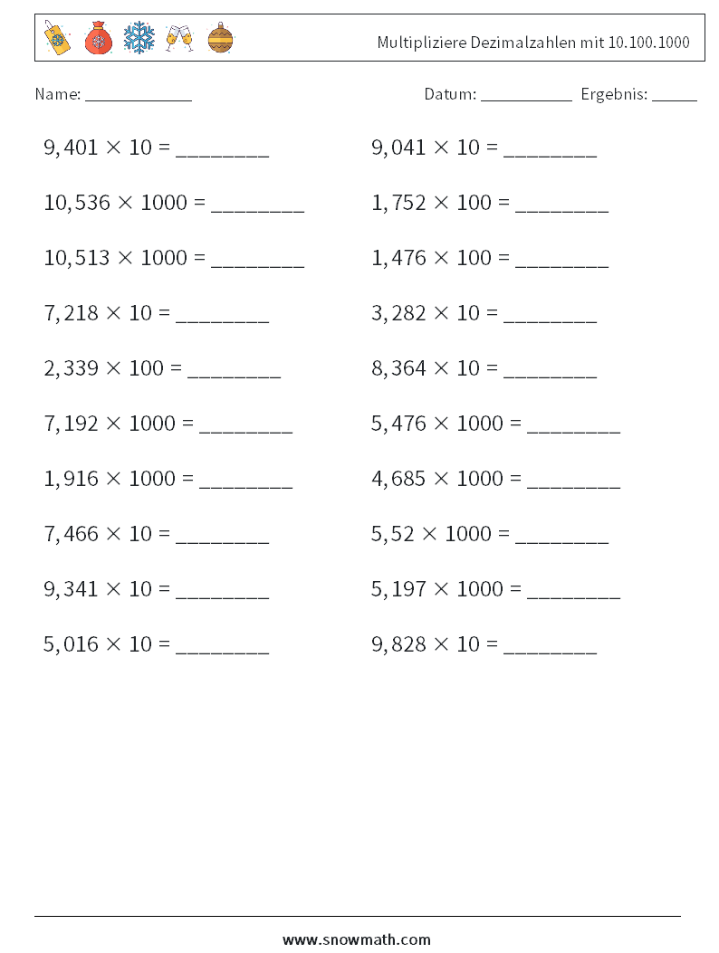 Multipliziere Dezimalzahlen mit 10.100.1000 Mathe-Arbeitsblätter 2