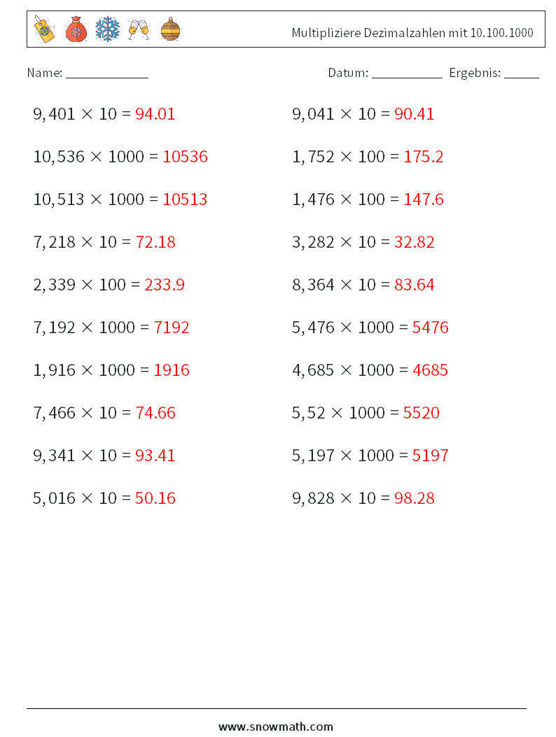 Multipliziere Dezimalzahlen mit 10.100.1000 Mathe-Arbeitsblätter 2 Frage, Antwort