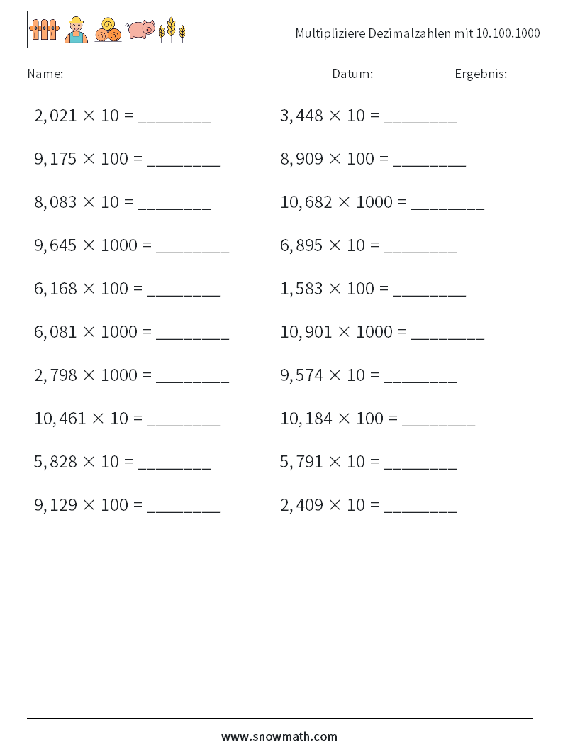 Multipliziere Dezimalzahlen mit 10.100.1000 Mathe-Arbeitsblätter 3