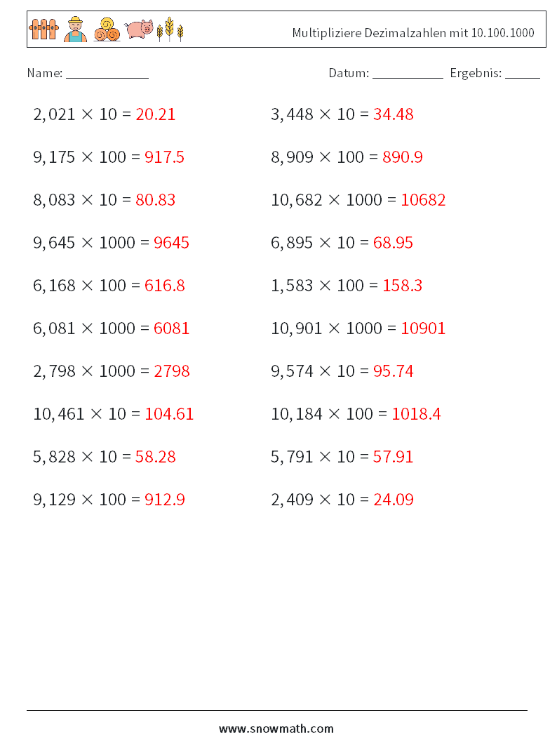 Multipliziere Dezimalzahlen mit 10.100.1000 Mathe-Arbeitsblätter 3 Frage, Antwort