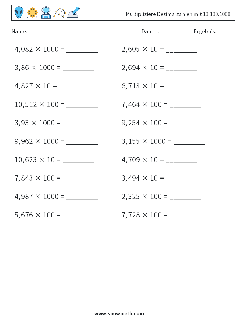 Multipliziere Dezimalzahlen mit 10.100.1000 Mathe-Arbeitsblätter 4