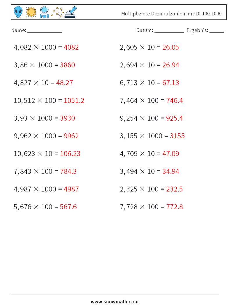 Multipliziere Dezimalzahlen mit 10.100.1000 Mathe-Arbeitsblätter 4 Frage, Antwort