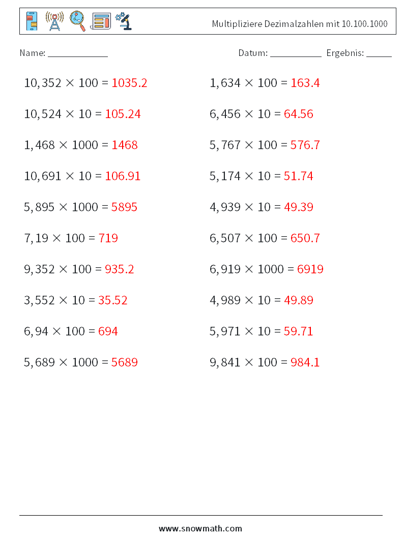 Multipliziere Dezimalzahlen mit 10.100.1000 Mathe-Arbeitsblätter 5 Frage, Antwort