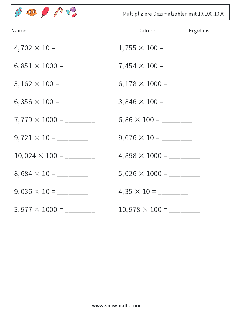 Multipliziere Dezimalzahlen mit 10.100.1000 Mathe-Arbeitsblätter 6