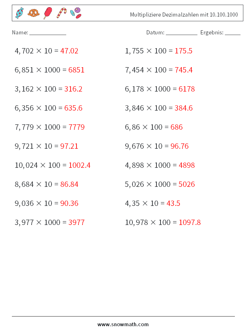 Multipliziere Dezimalzahlen mit 10.100.1000 Mathe-Arbeitsblätter 6 Frage, Antwort