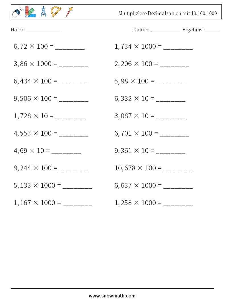 Multipliziere Dezimalzahlen mit 10.100.1000 Mathe-Arbeitsblätter 7