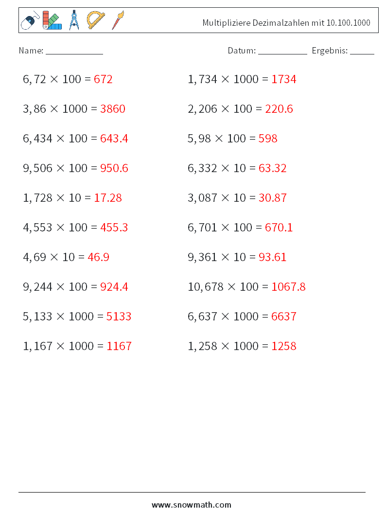 Multipliziere Dezimalzahlen mit 10.100.1000 Mathe-Arbeitsblätter 7 Frage, Antwort