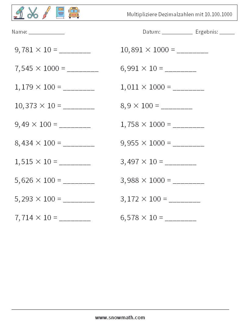 Multipliziere Dezimalzahlen mit 10.100.1000 Mathe-Arbeitsblätter 8