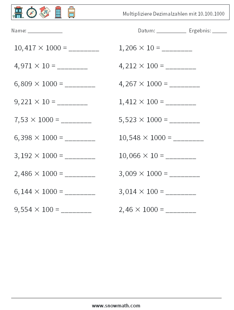 Multipliziere Dezimalzahlen mit 10.100.1000 Mathe-Arbeitsblätter 9