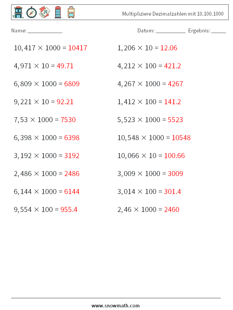 Multipliziere Dezimalzahlen mit 10.100.1000 Mathe-Arbeitsblätter 9 Frage, Antwort