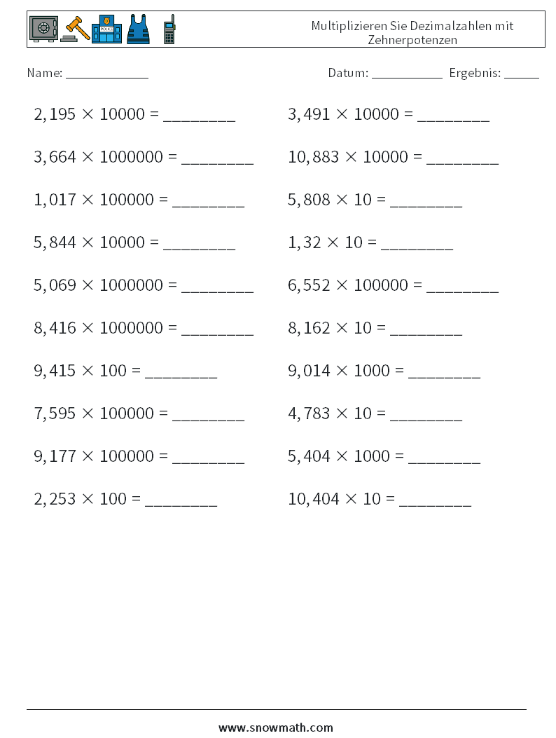 Multiplizieren Sie Dezimalzahlen mit Zehnerpotenzen Mathe-Arbeitsblätter 1