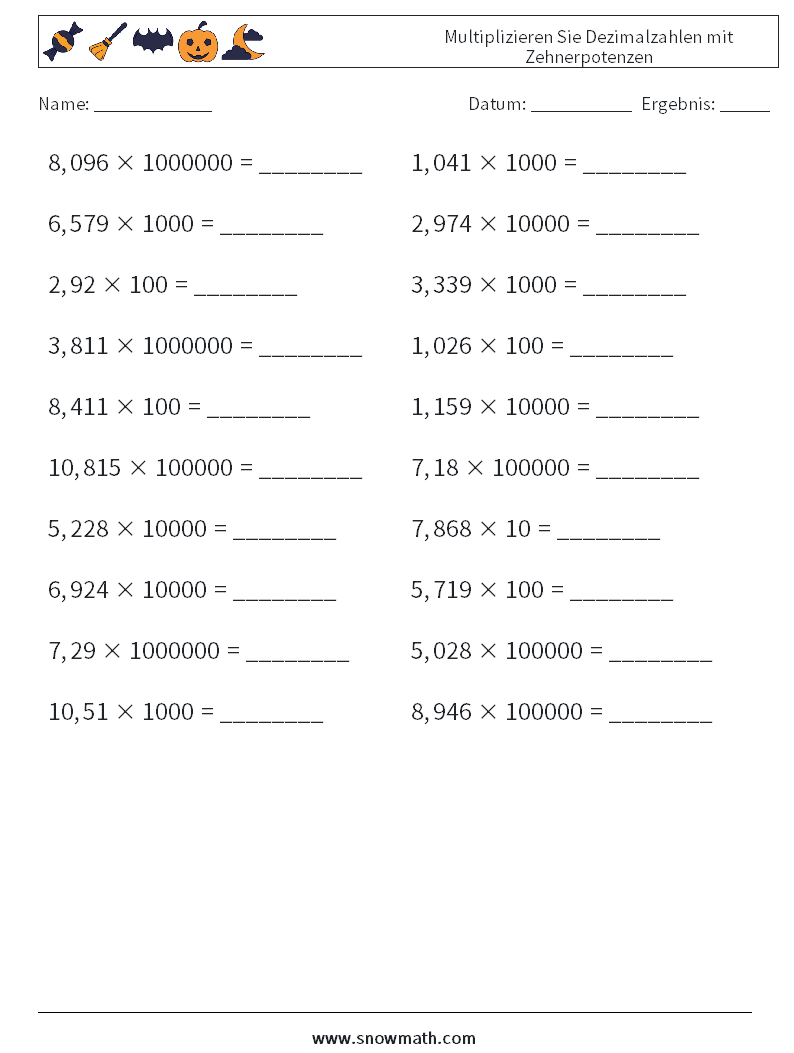 Multiplizieren Sie Dezimalzahlen mit Zehnerpotenzen Mathe-Arbeitsblätter 10
