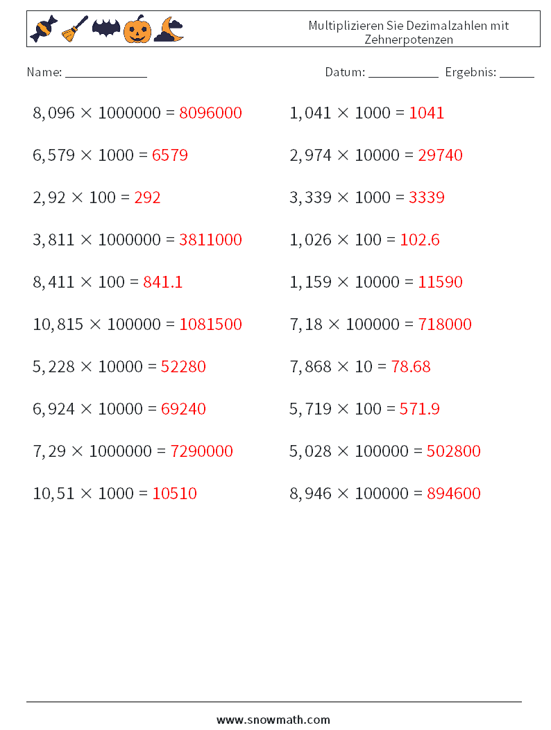 Multiplizieren Sie Dezimalzahlen mit Zehnerpotenzen Mathe-Arbeitsblätter 10 Frage, Antwort