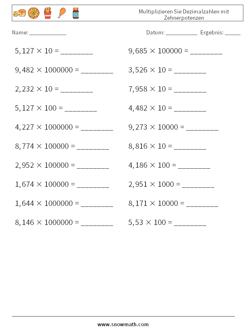Multiplizieren Sie Dezimalzahlen mit Zehnerpotenzen Mathe-Arbeitsblätter 11