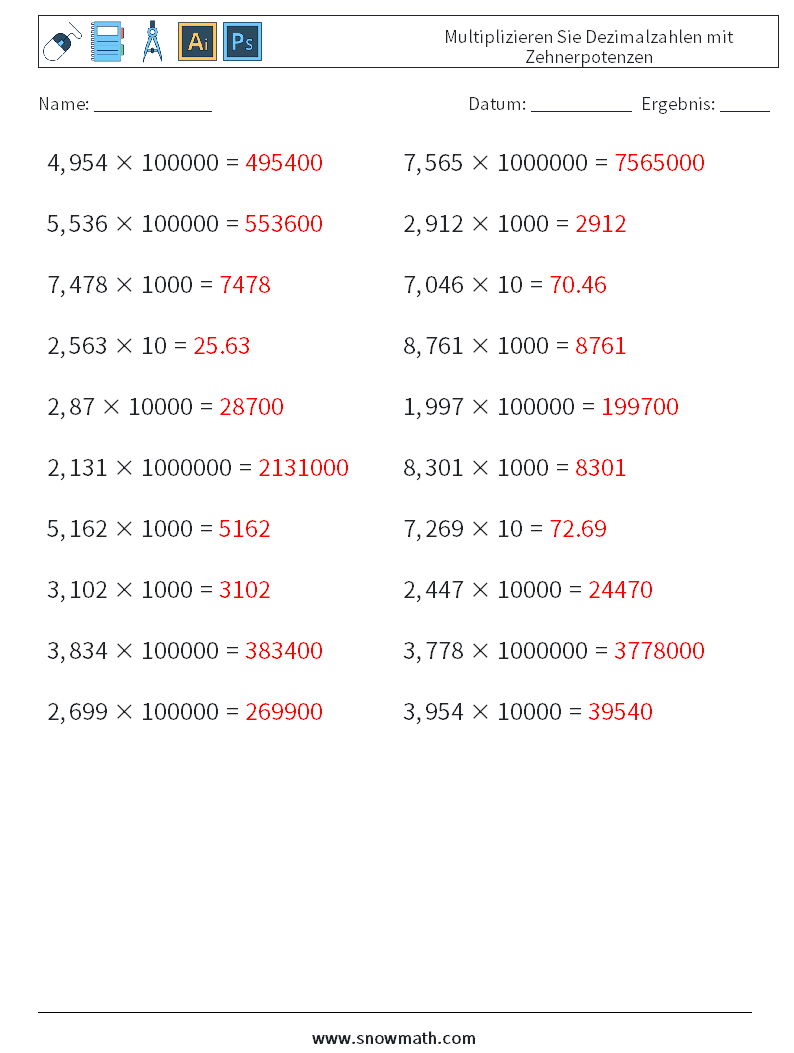 Multiplizieren Sie Dezimalzahlen mit Zehnerpotenzen Mathe-Arbeitsblätter 12 Frage, Antwort