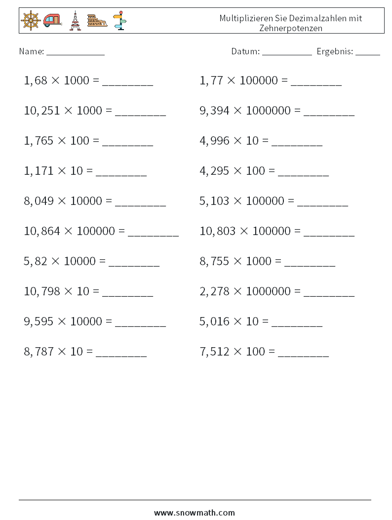 Multiplizieren Sie Dezimalzahlen mit Zehnerpotenzen Mathe-Arbeitsblätter 13