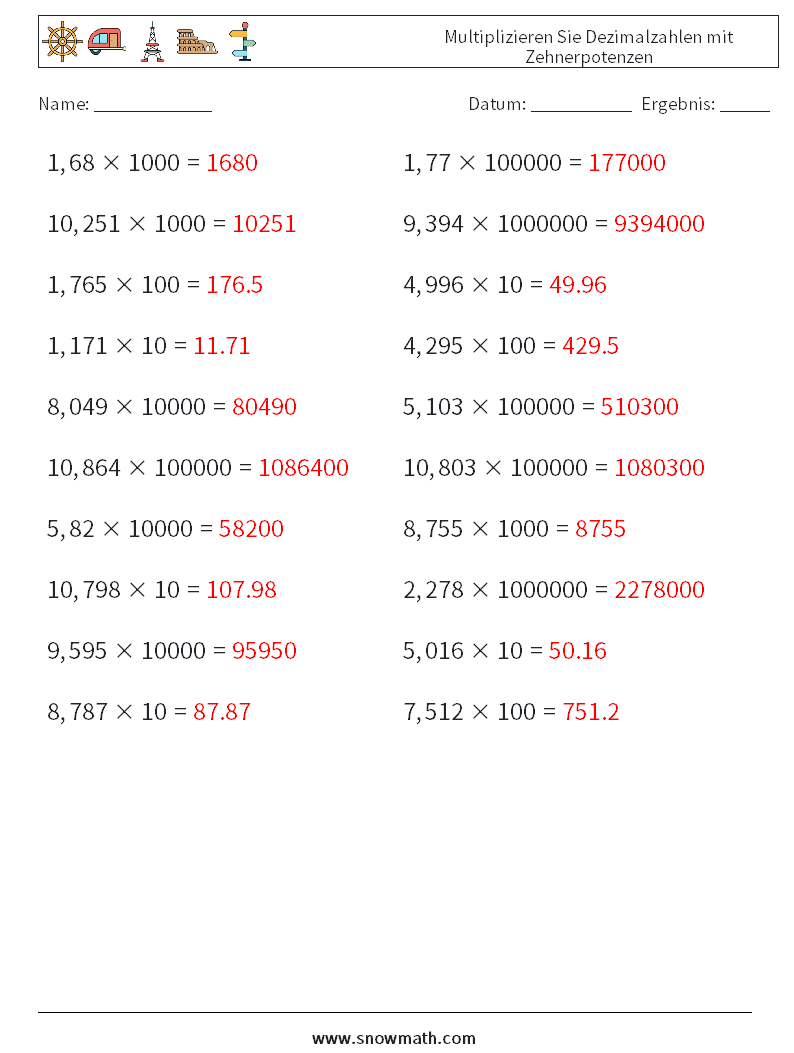 Multiplizieren Sie Dezimalzahlen mit Zehnerpotenzen Mathe-Arbeitsblätter 13 Frage, Antwort