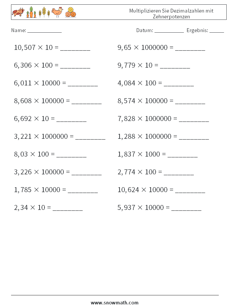 Multiplizieren Sie Dezimalzahlen mit Zehnerpotenzen Mathe-Arbeitsblätter 14