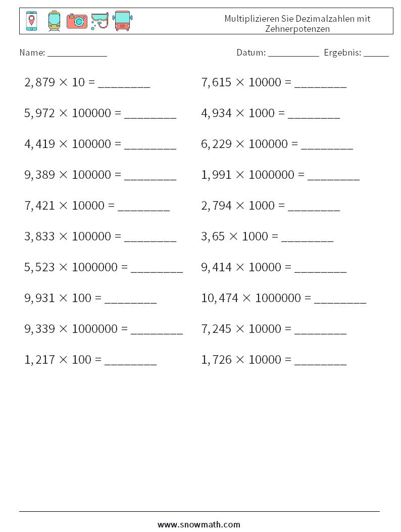 Multiplizieren Sie Dezimalzahlen mit Zehnerpotenzen Mathe-Arbeitsblätter 15